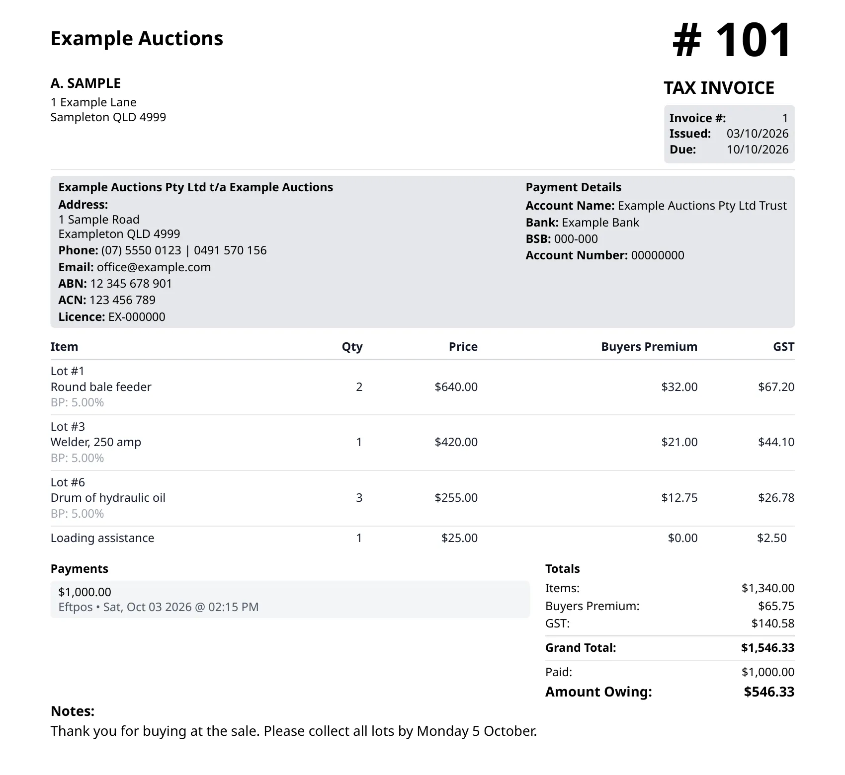 A Tax Invoice PDF with seller details, ABN, payment details, three lots with buyer's premium and GST, a payment, totals and the amount owing.