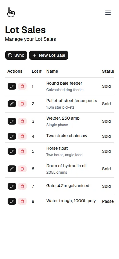 The lots app on a phone, with a Sync button above the Lot Sales list.