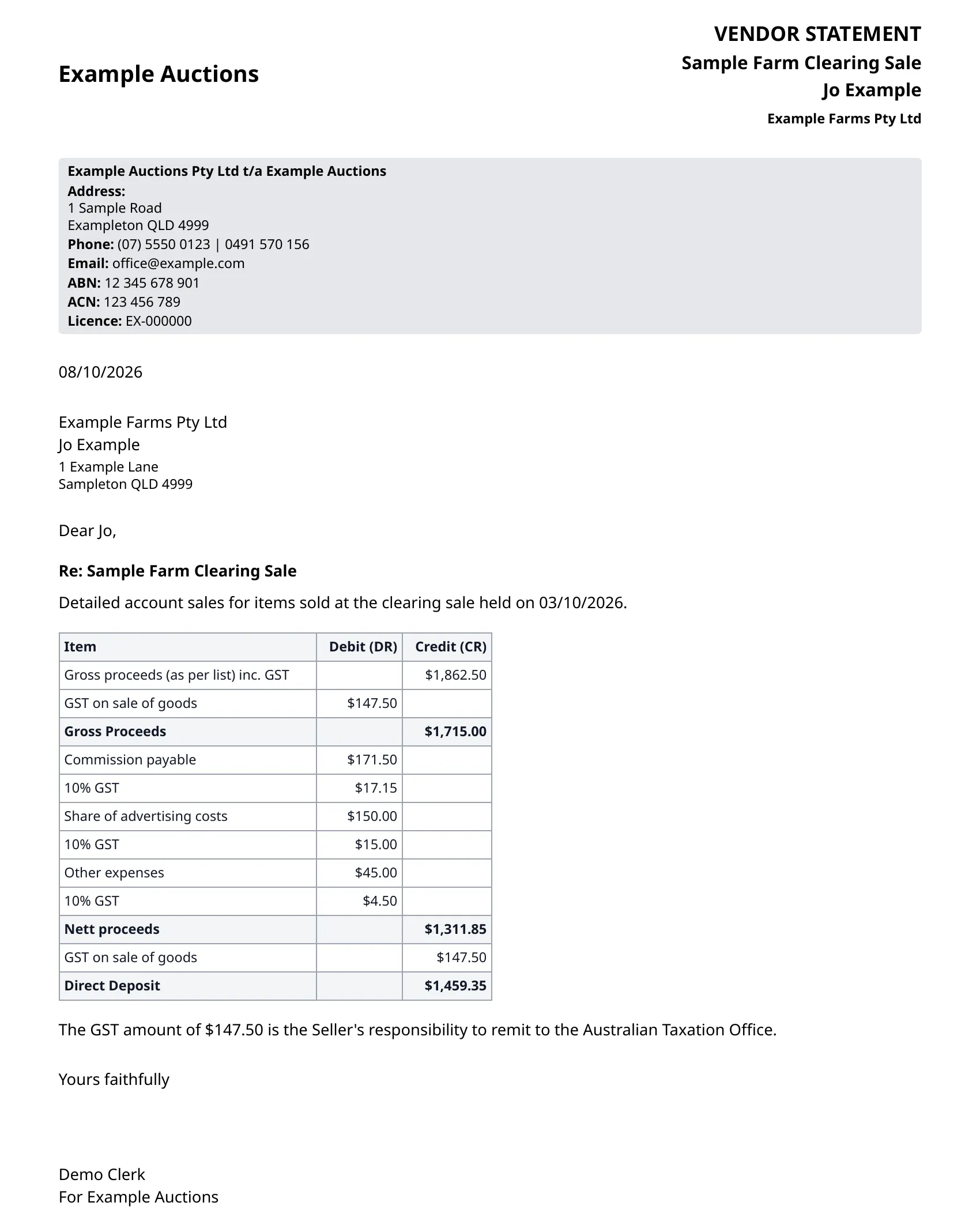A vendor statement with a cover letter and a table of gross proceeds, commission, advertising and other expenses, nett proceeds and direct deposit.